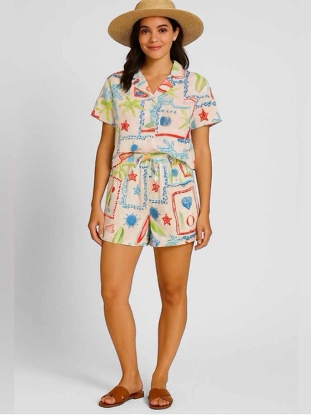 Girl Soul Two-Piece Tropical Print Shorts Set - White Multi XL